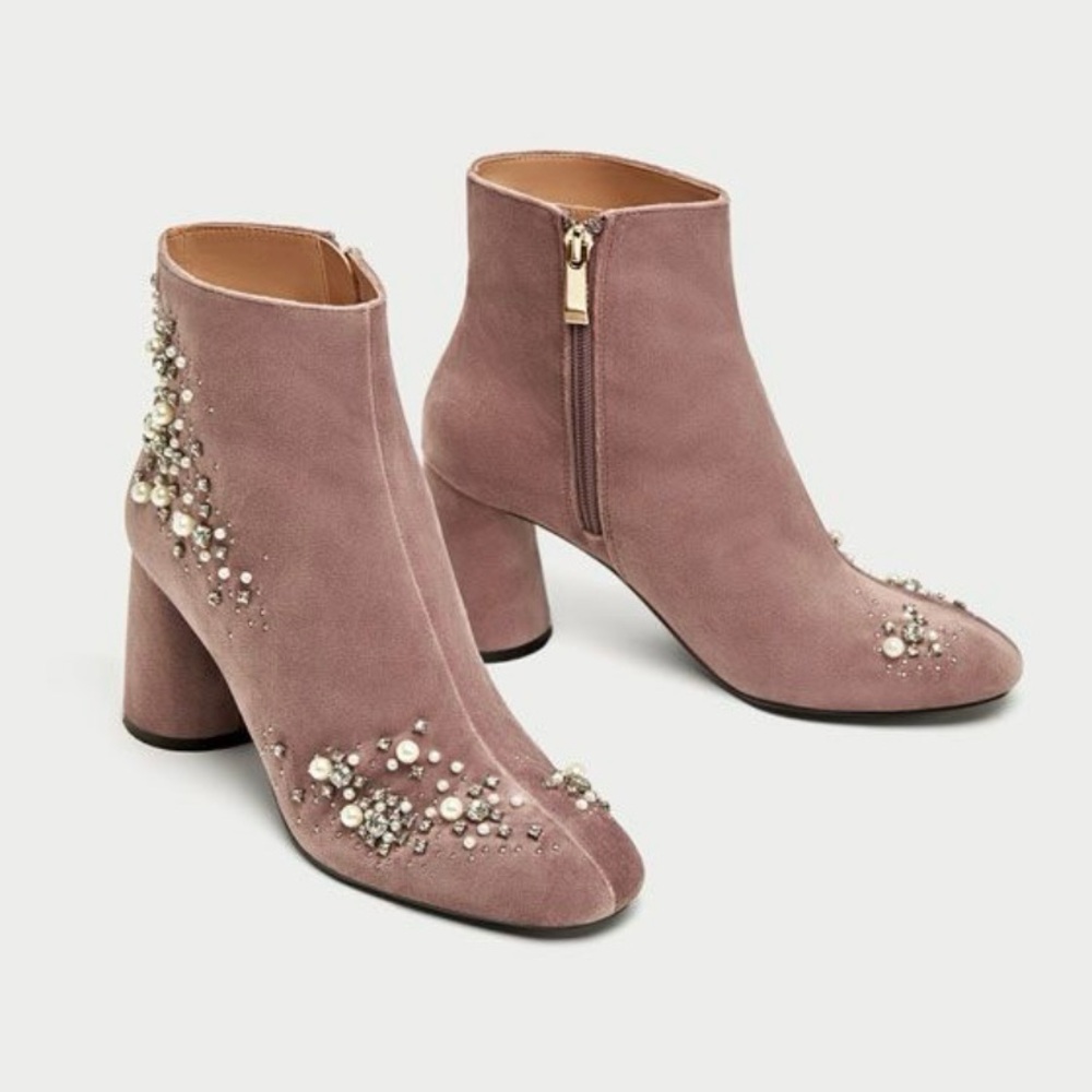Zara velvet pearl embellished ankle boots